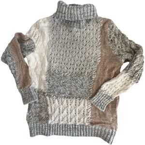 ColdWater Creek Patchwork Turtle Neck Chunky Open Knit Sweater SZ XL 16. Cozy